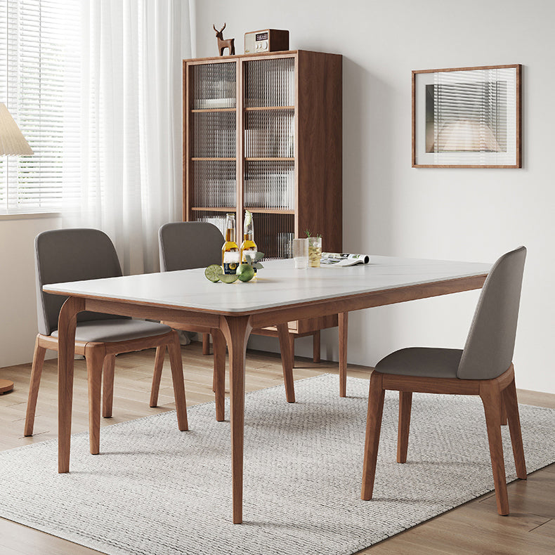 Modern Rectangular White Stone Top Dining Table with 4 Walnut Legs