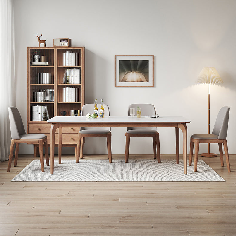 Modern Rectangular White Stone Top Dining Table with 4 Walnut Legs