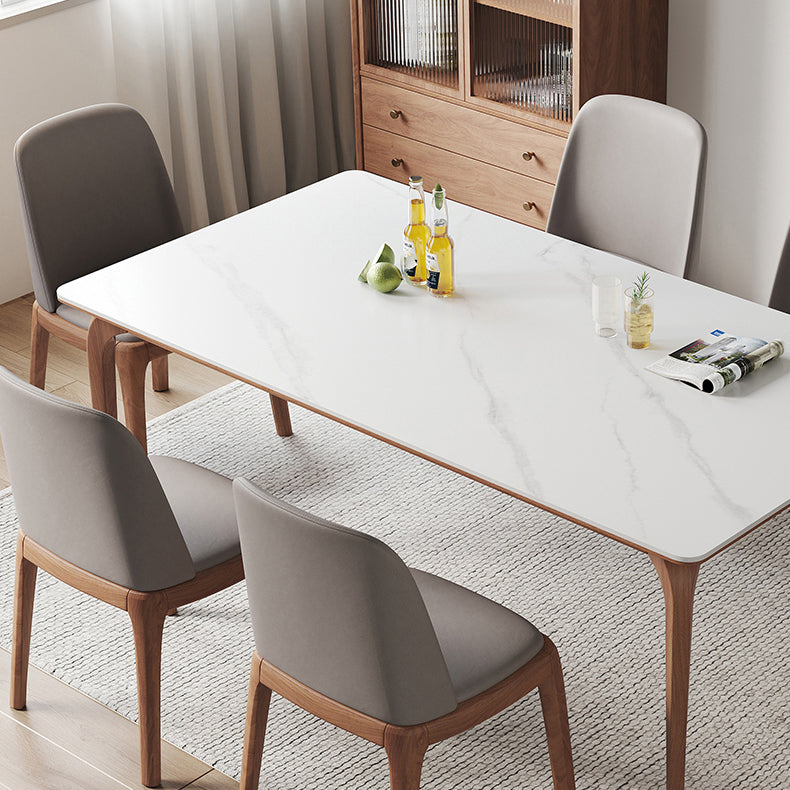 Modern Rectangular White Stone Top Dining Table with 4 Walnut Legs
