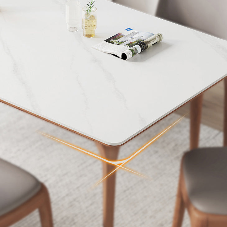 Modern Rectangular White Stone Top Dining Table with 4 Walnut Legs