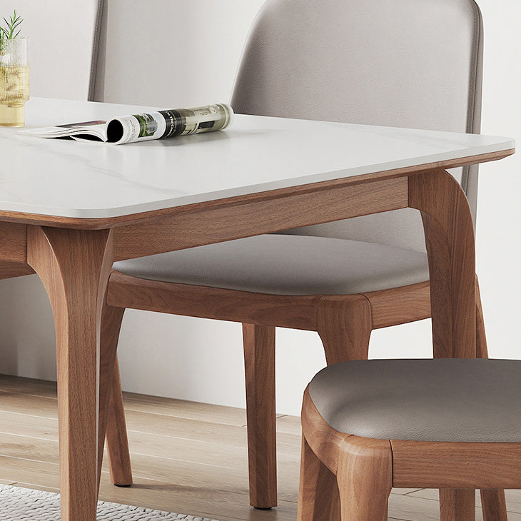 Modern Rectangular White Stone Top Dining Table with 4 Walnut Legs