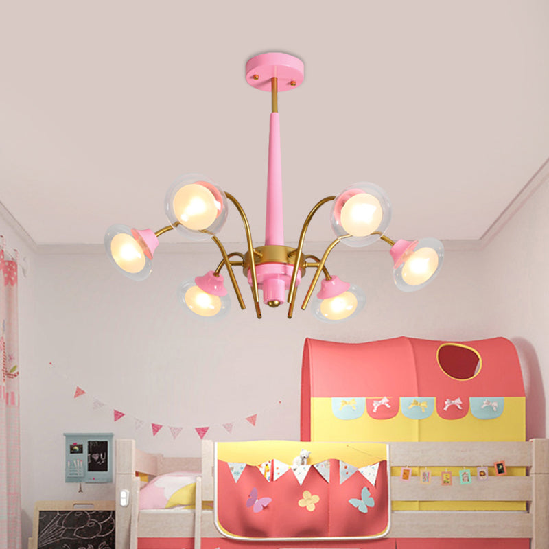Drooping Hanging Chandelier Macaron Metal 6 Bulbs Kids Bedroom Ceiling Pendant in Pink/Blue with Double Ball Glass Shade