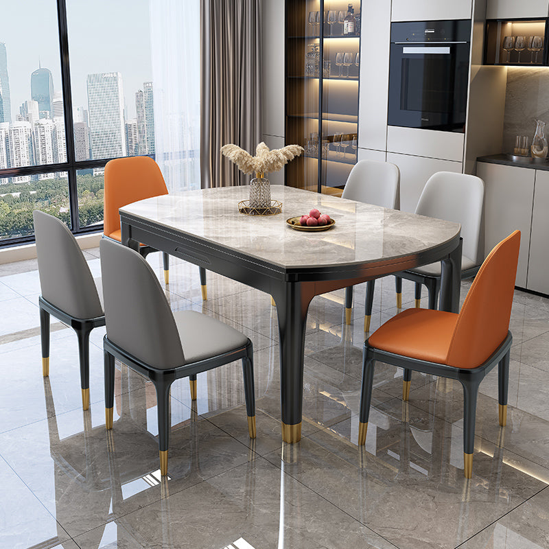 Contemporary Round Gray Stone Dining Table with Solid Wood Legs