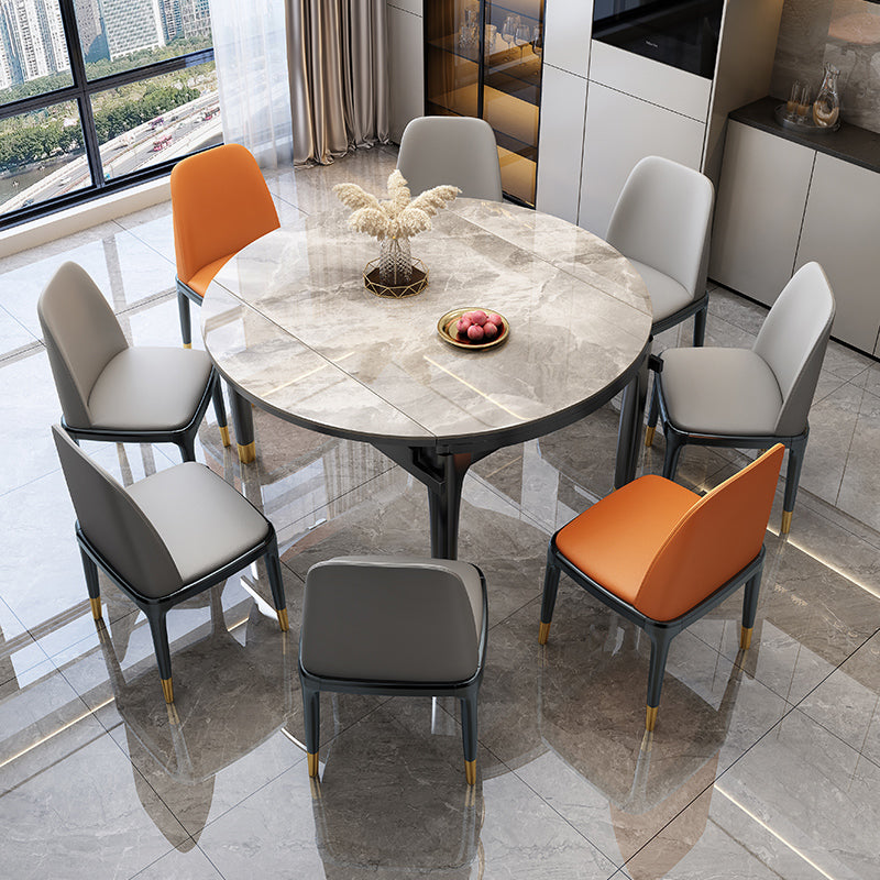 Contemporary Round Gray Stone Dining Table with Solid Wood Legs