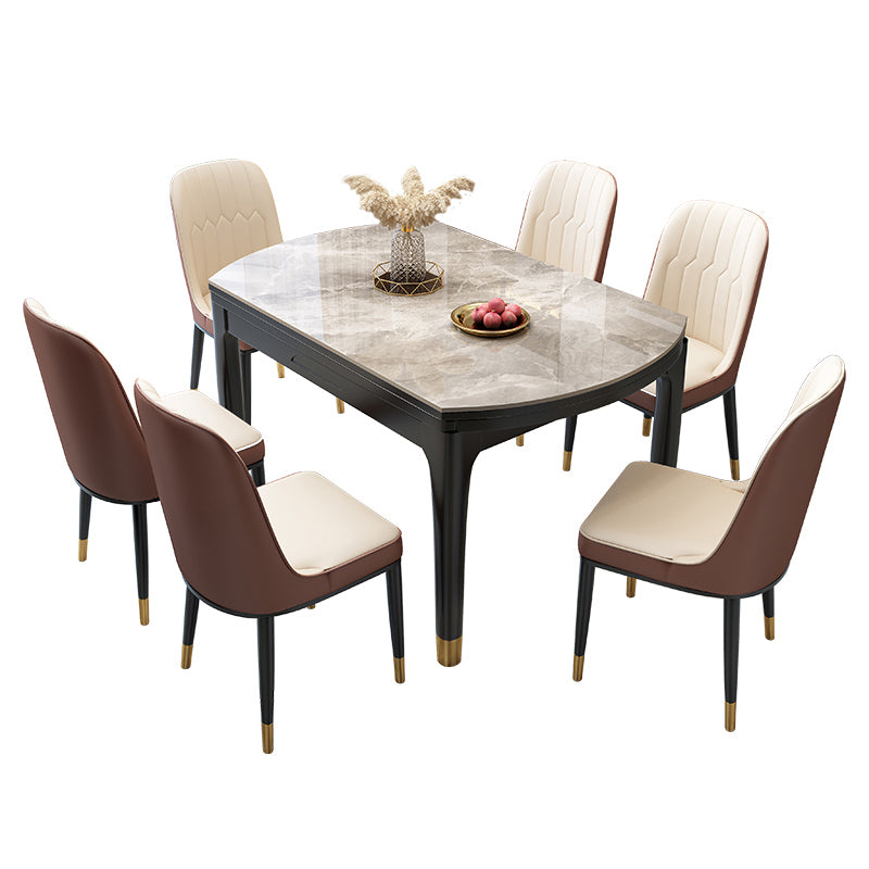Contemporary Round Gray Stone Dining Table with Solid Wood Legs