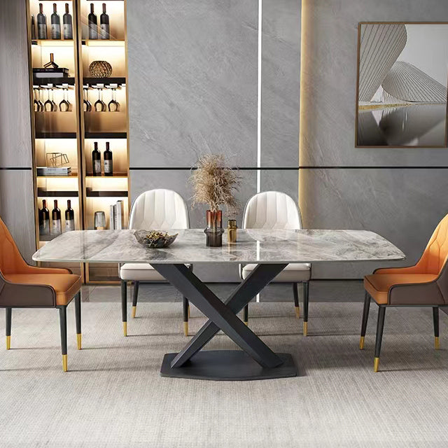 Modern Rectangular White Stone Top Dining Table with Steel Black X-Base
