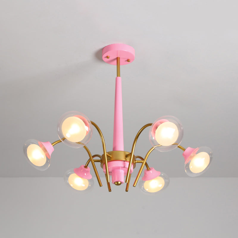 Drooping Hanging Chandelier Macaron Metal 6 Bulbs Kids Bedroom Ceiling Pendant in Pink/Blue with Double Ball Glass Shade