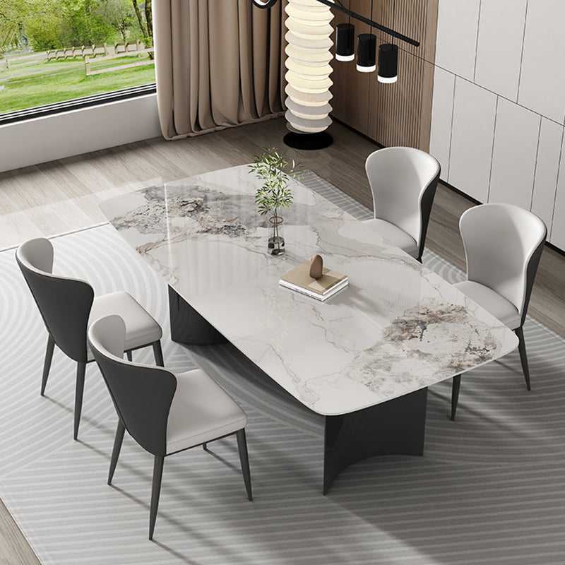 Contemporary Gray Rectangular Stone Dining Table with Double Pedestal