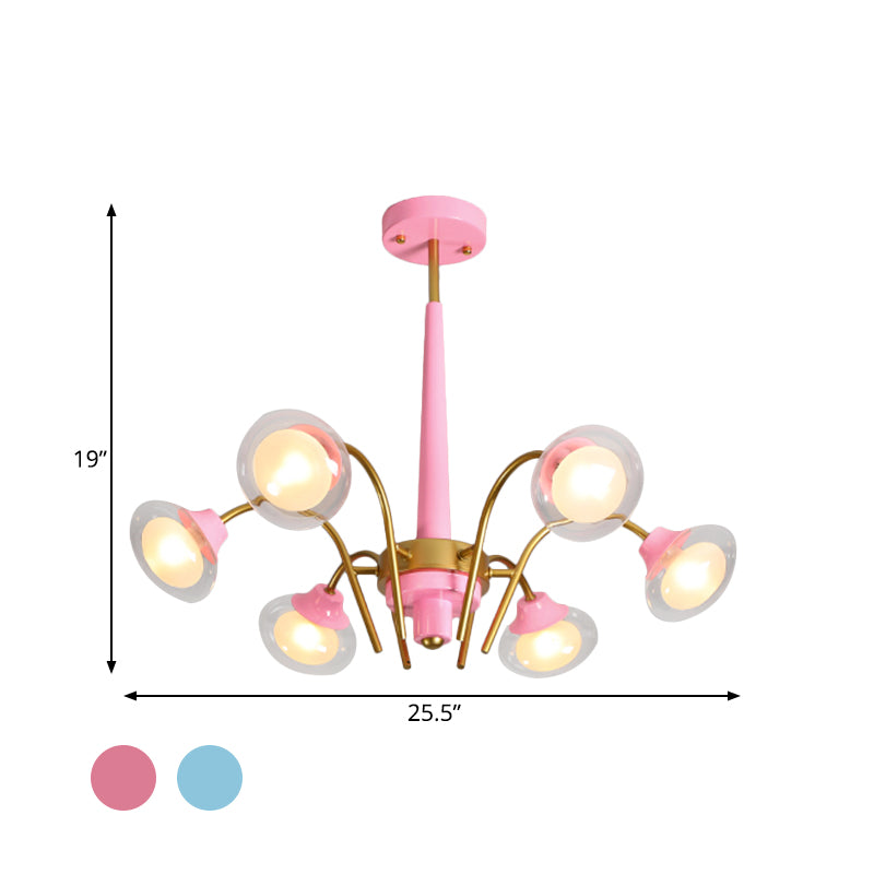 Drooping Hanging Chandelier Macaron Metal 6 Bulbs Kids Bedroom Ceiling Pendant in Pink/Blue with Double Ball Glass Shade