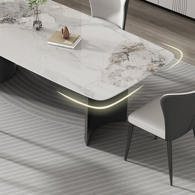 Contemporary Gray Rectangular Stone Dining Table with Double Pedestal
