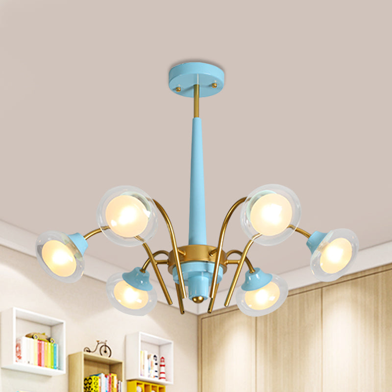 Drooping Hanging Chandelier Macaron Metal 6 Bulbs Kids Bedroom Ceiling Pendant in Pink/Blue with Double Ball Glass Shade