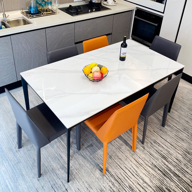 Modern White Stone Top Rectangular Dining Table with 4 Black Metal Legs