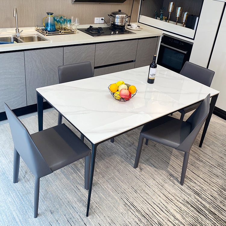 Modern White Stone Top Rectangular Dining Table with 4 Black Metal Legs