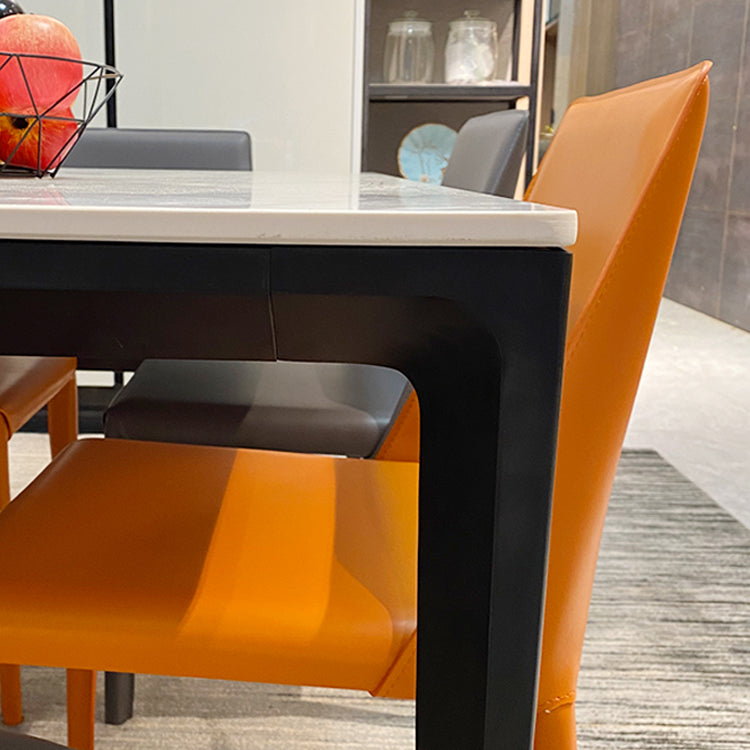 Modern White Stone Top Rectangular Dining Table with 4 Black Metal Legs