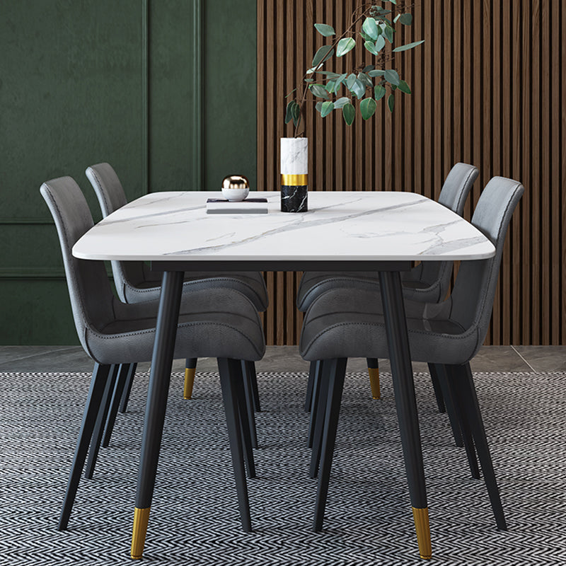 Contemporary Rectangular White Stone Dining Table with 4 Steel Foot