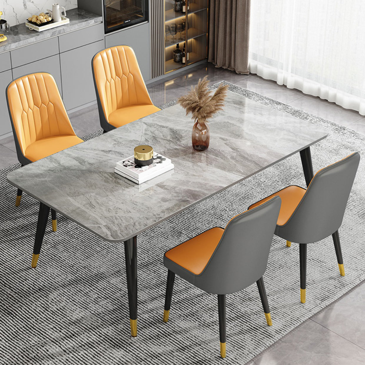 Luxury Rectangular Stone Top Dining Table with 4 Gold & Black Steel Legs