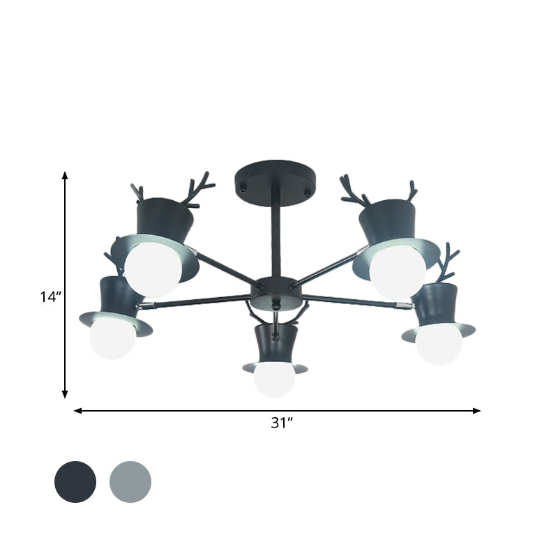 5/8-Head Sitting Room Chandelier Light Nordic Grey/Black Rotatable Hanging Lamp with Antler Cap Iron Shade