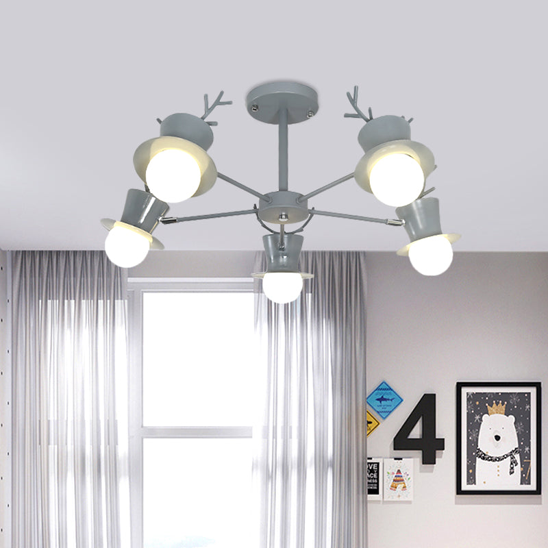 5/8-Head Sitting Room Chandelier Light Nordic Grey/Black Rotatable Hanging Lamp with Antler Cap Iron Shade