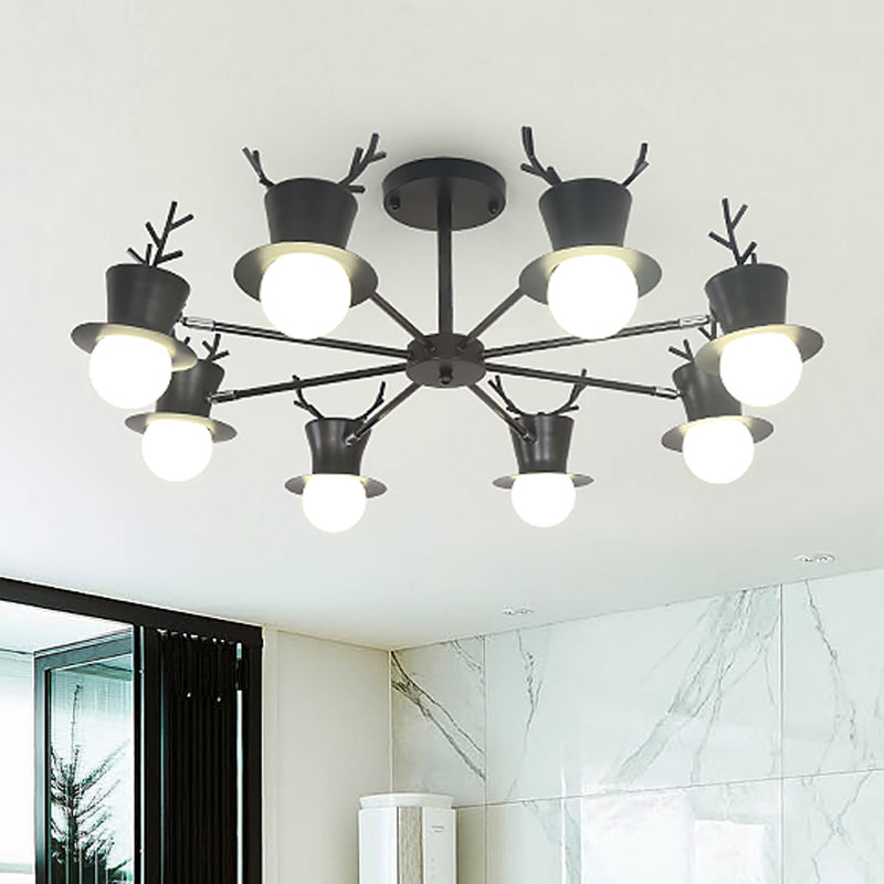 5/8-Head Sitting Room Chandelier Light Nordic Grey/Black Rotatable Hanging Lamp with Antler Cap Iron Shade