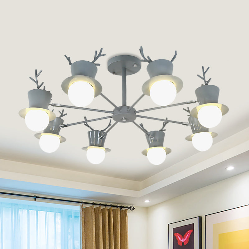5/8-Head Sitting Room Chandelier Light Nordic Grey/Black Rotatable Hanging Lamp with Antler Cap Iron Shade