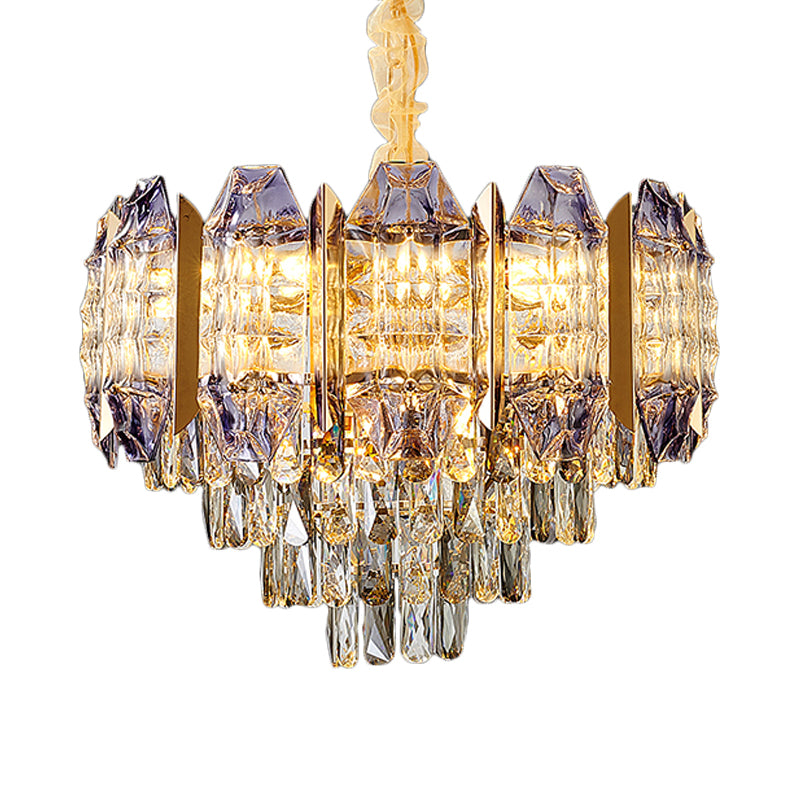 Conical Parlor Ceiling Chandelier Modern Stylish Prismatic Crystal 9-Light Gold Hanging Lamp Kit