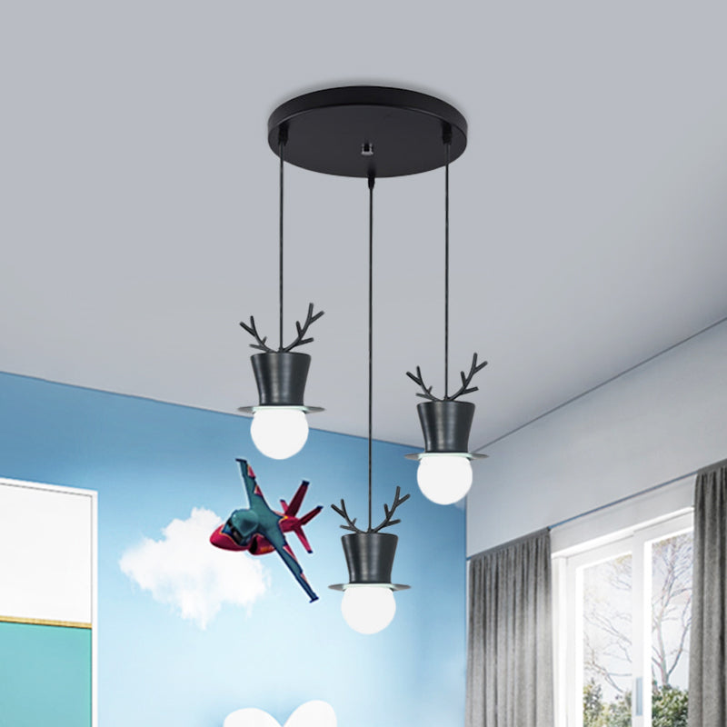 Black Tall Hat Cluster Pendant Nordic Style 3 Bulbs Iron Hanging Ceiling Light with Antler Decor, Round/Linear Canopy