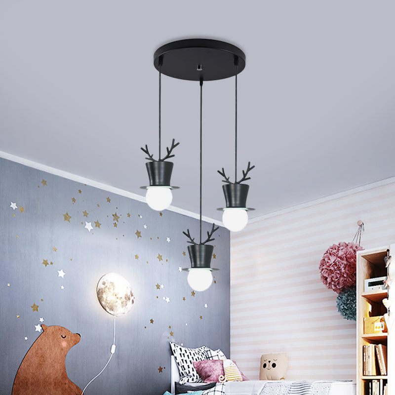 Black Tall Hat Cluster Pendant Nordic Style 3 Bulbs Iron Hanging Ceiling Light with Antler Decor, Round/Linear Canopy