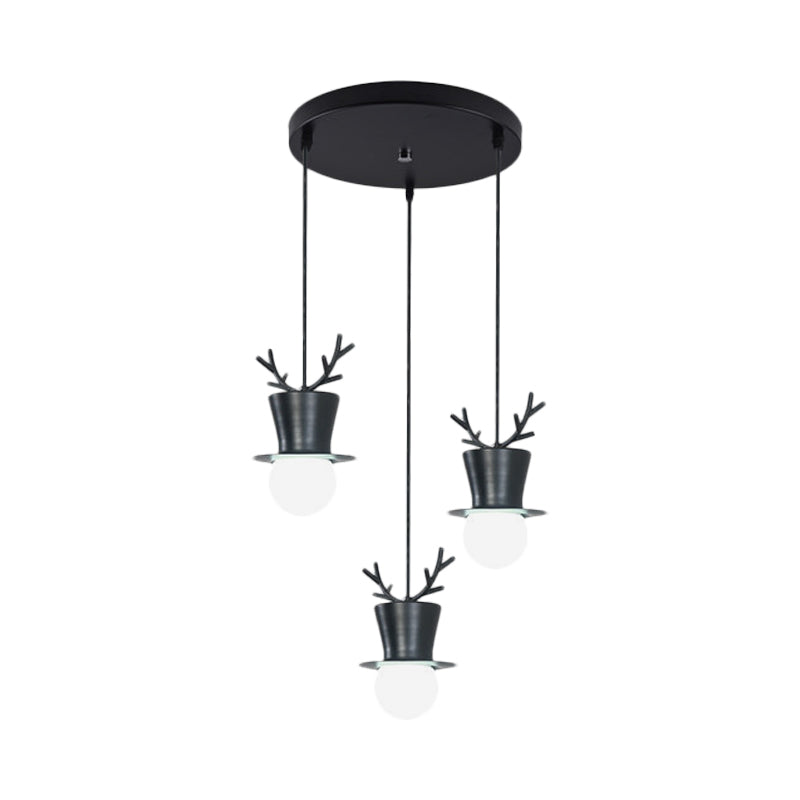 Black Tall Hat Cluster Pendant Nordic Style 3 Bulbs Iron Hanging Ceiling Light with Antler Decor, Round/Linear Canopy