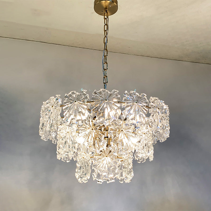 3 Tiers Snowflake Crystal Drop Lamp Modern 4/7 Bulbs 12"/17" Wide Dining Room Ceiling Chandelier in Gold