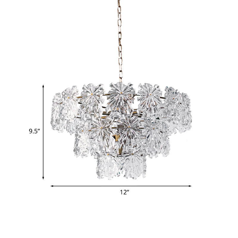 3 Tiers Snowflake Crystal Drop Lamp Modern 4/7 Bulbs 12"/17" Wide Dining Room Ceiling Chandelier in Gold
