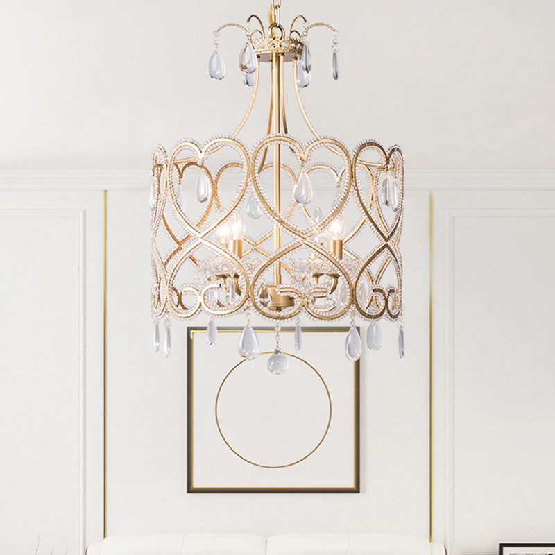 Silver 4 Lights Chandelier Antique Crystal Beaded Drum Hanging Lamp with Swirl Pattern