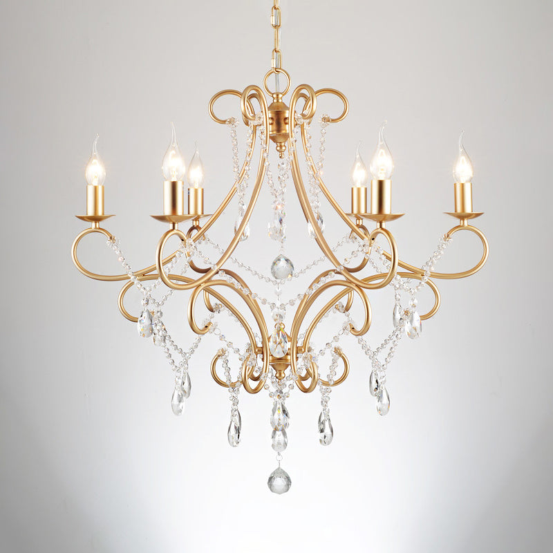 Gold Candle Style Scroll Arm Chandelier Victorian Crystal 5/6-Bulb Dining Room Ceiling Pendant Light