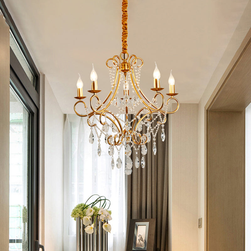 Gold Candle Style Scroll Arm Chandelier Victorian Crystal 5/6-Bulb Dining Room Ceiling Pendant Light