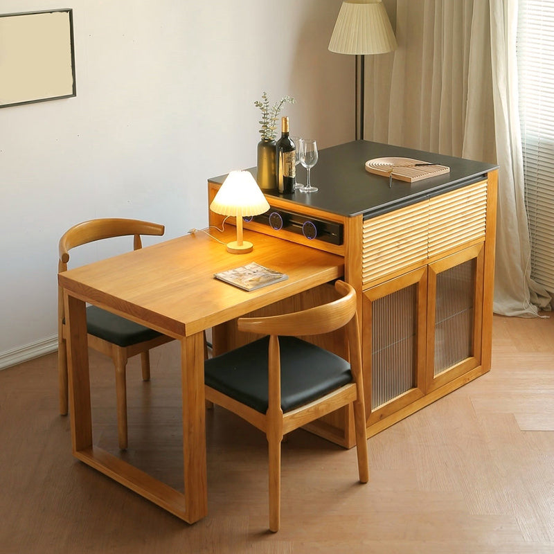 Modern Kitchen Island Table with Drawers and Glass Storage Cabinet