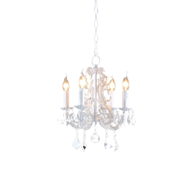 Crystal Coated Candlestick Chandelier Rustic 4-Head Restaurant Pendant Ceiling Light in White