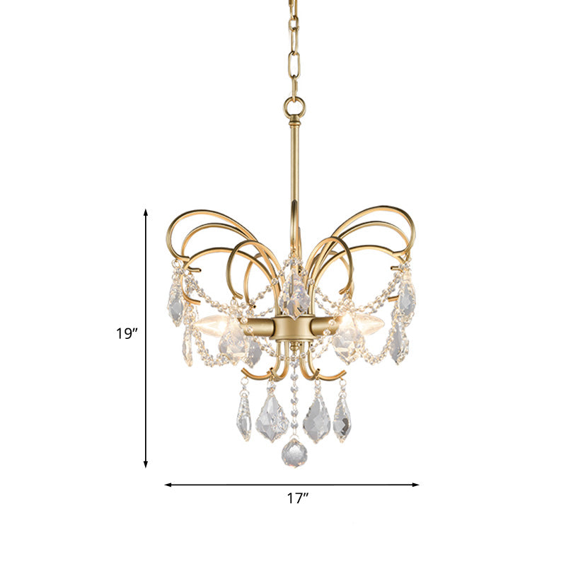 3 Bulbs Butterfly Chandelier Lighting Rural Gold Metal Pendant Lamp with Crystal Strand Decor