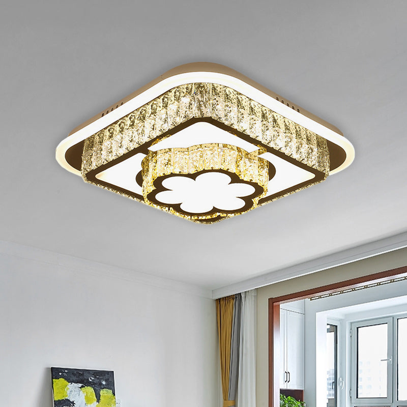 Crystal-Encrusted White Ceiling Flush Square and Round/Flower/Diamond Modernist LED Flushmount Lighting for Bedroom