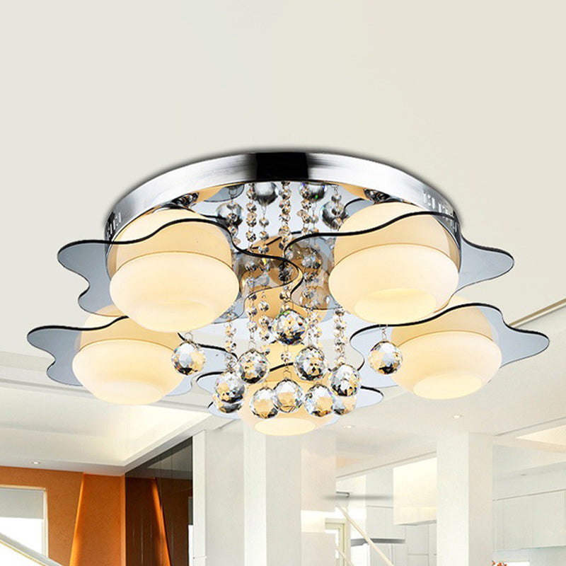 3/5-Head White Glass Flushmount Modernism Chrome Floral Living Room Ceiling Flush Light with Crystal Ball Drop
