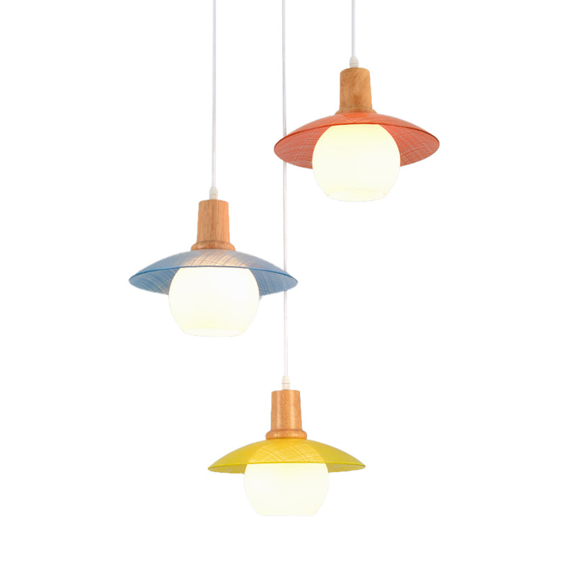 Macaron Disk Multi Pendant Light Blue-Pink-Geel Glass 3 Bolbs Eetkamer Droplamp met houten top