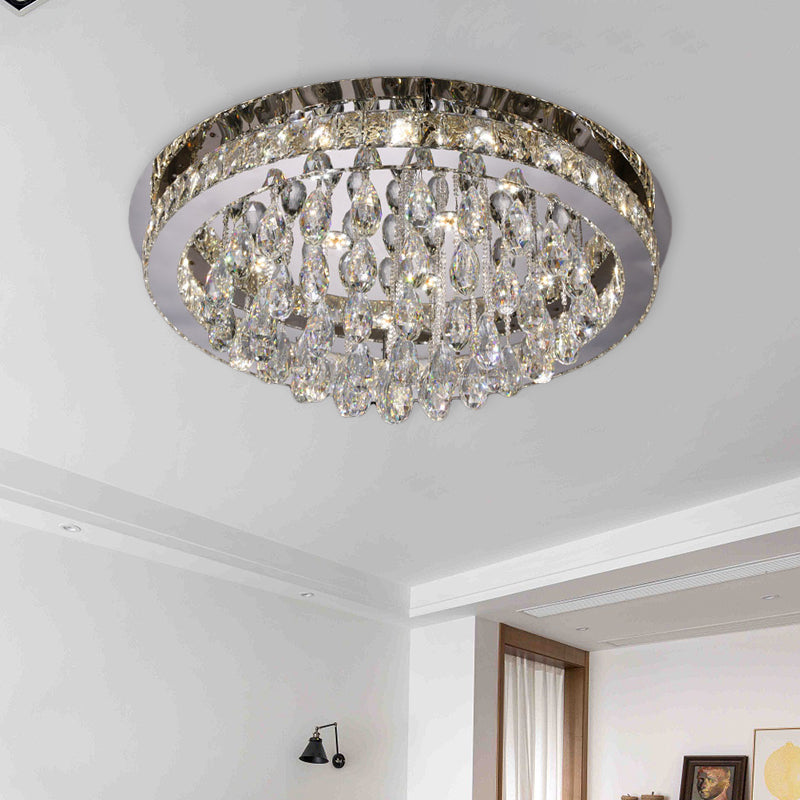 Nickel LED Ceiling Flush Light Modernist Beveled Cut Crystal-Encrusted Circular Flushmount with Crystal Drops