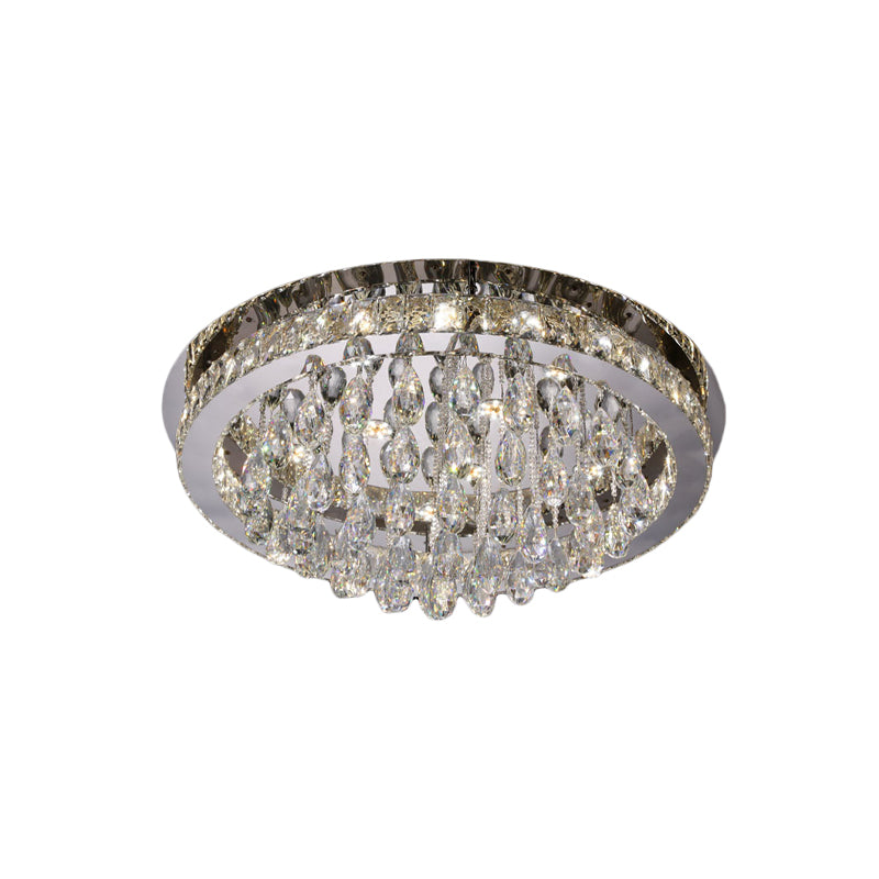 Nickel LED Ceiling Flush Light Modernist Beveled Cut Crystal-Encrusted Circular Flushmount with Crystal Drops