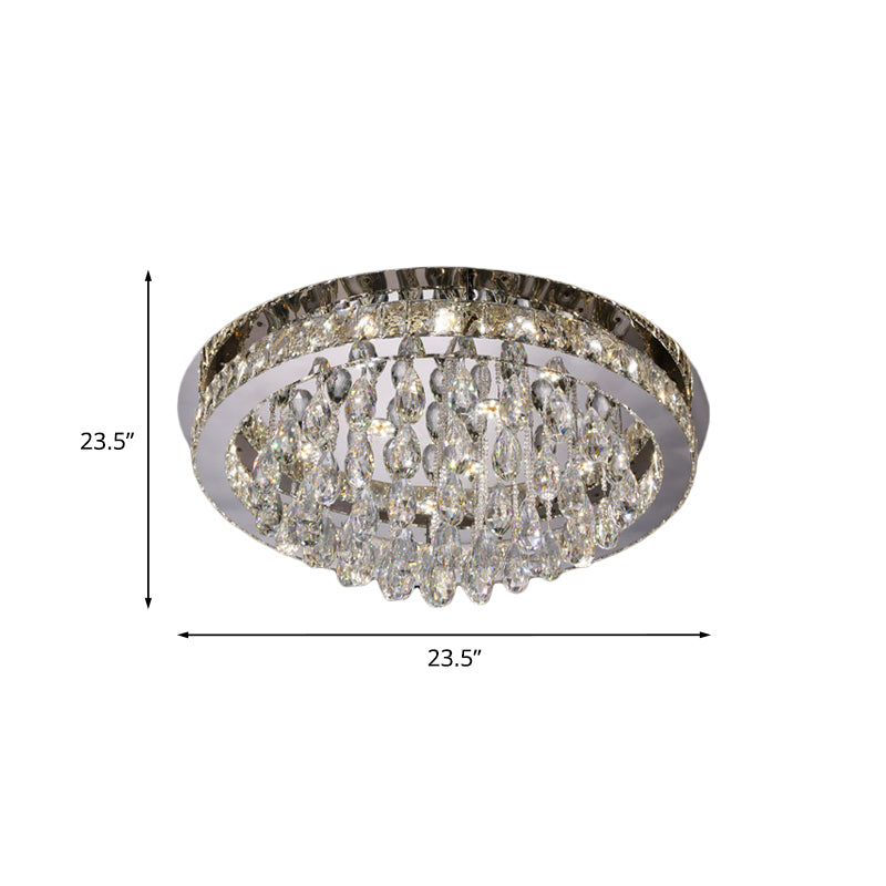 Nickel LED Ceiling Flush Light Modernist Beveled Cut Crystal-Encrusted Circular Flushmount with Crystal Drops