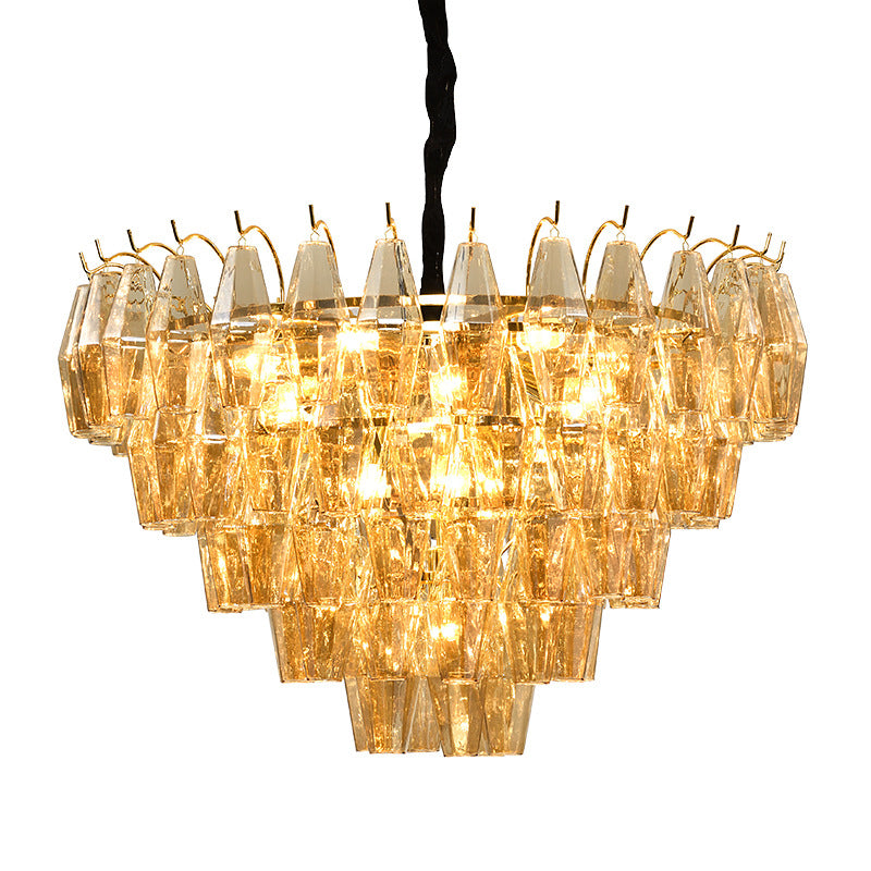 7 Lights Chandelier Traditional Living Room Pendant Lamp with Conical Amber Glass Shade