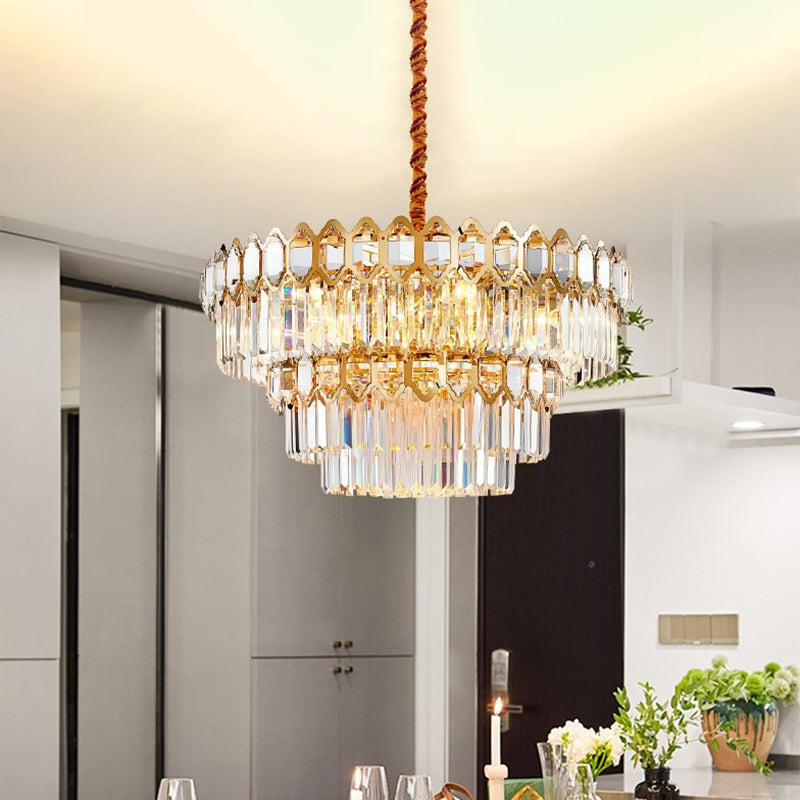 8 Heads Ceiling Chandelier Rustic Dining Room Hanging Light Fixture with Tiered Crystal Rod Shade in Gold