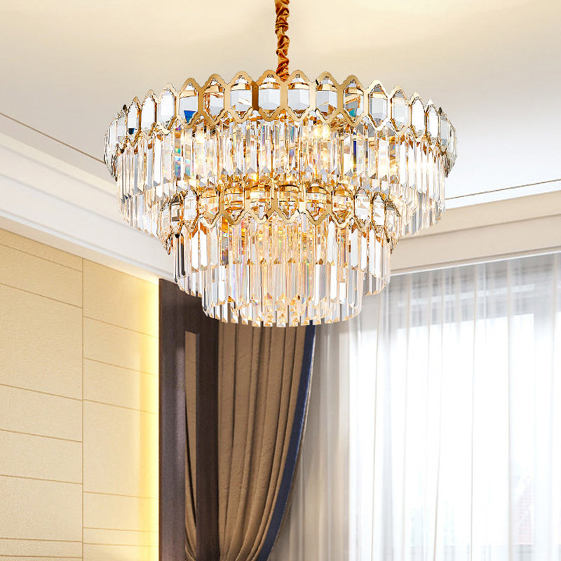 8 Heads Ceiling Chandelier Rustic Dining Room Hanging Light Fixture with Tiered Crystal Rod Shade in Gold
