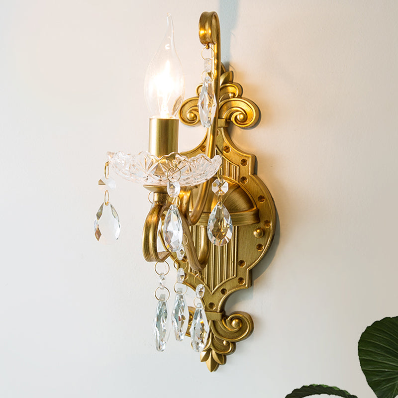 1/2-Light Candlestick Wall Sconce Antiqued Gold Iron Wall Mount Lamp with Crystal Drape