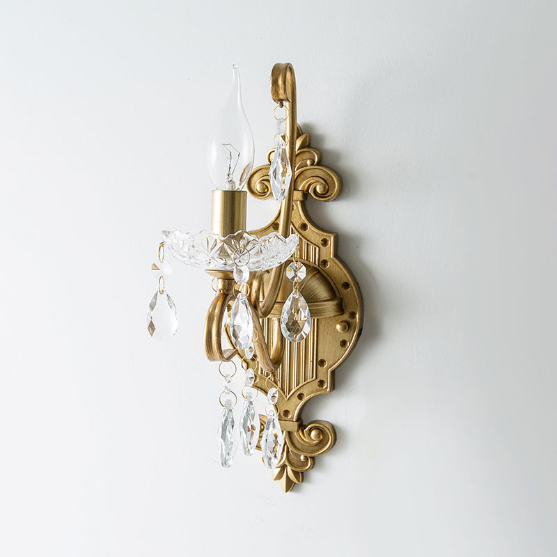 1/2-Light Candlestick Wall Sconce Antiqued Gold Iron Wall Mount Lamp with Crystal Drape