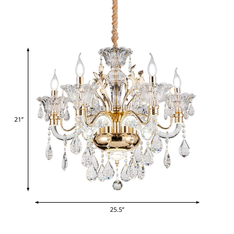 Clear Crystal Teardrop Chandelier Light Classic 6/8-Light Bedroom Hanging Pendant in Gold with Twisted Arm