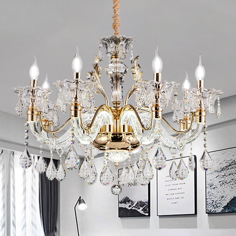 Clear Crystal Teardrop Chandelier Light Classic 6/8-Light Bedroom Hanging Pendant in Gold with Twisted Arm