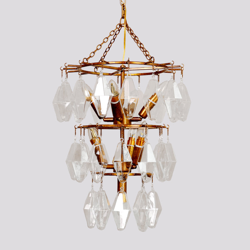 Diamond Clear Crystal Chandelier Lamp Countryside 8 Heads Living Room Pendant Light in Gold with Tiered Design